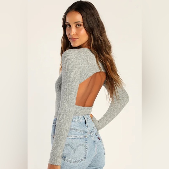 Lulu's Everyday Babe Heather Grey Ribbed Long Sleeve Cutout Bodysuit - Picture 2 of 8